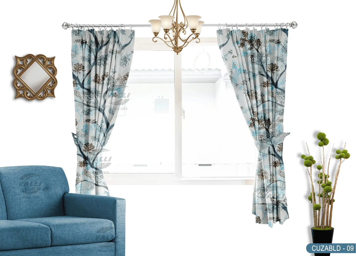 Self Design Tree Velvet Type Curtain - Blue