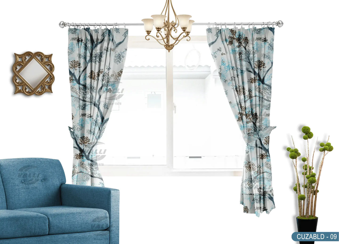 Self Design Tree Velvet Type Curtain - Blue