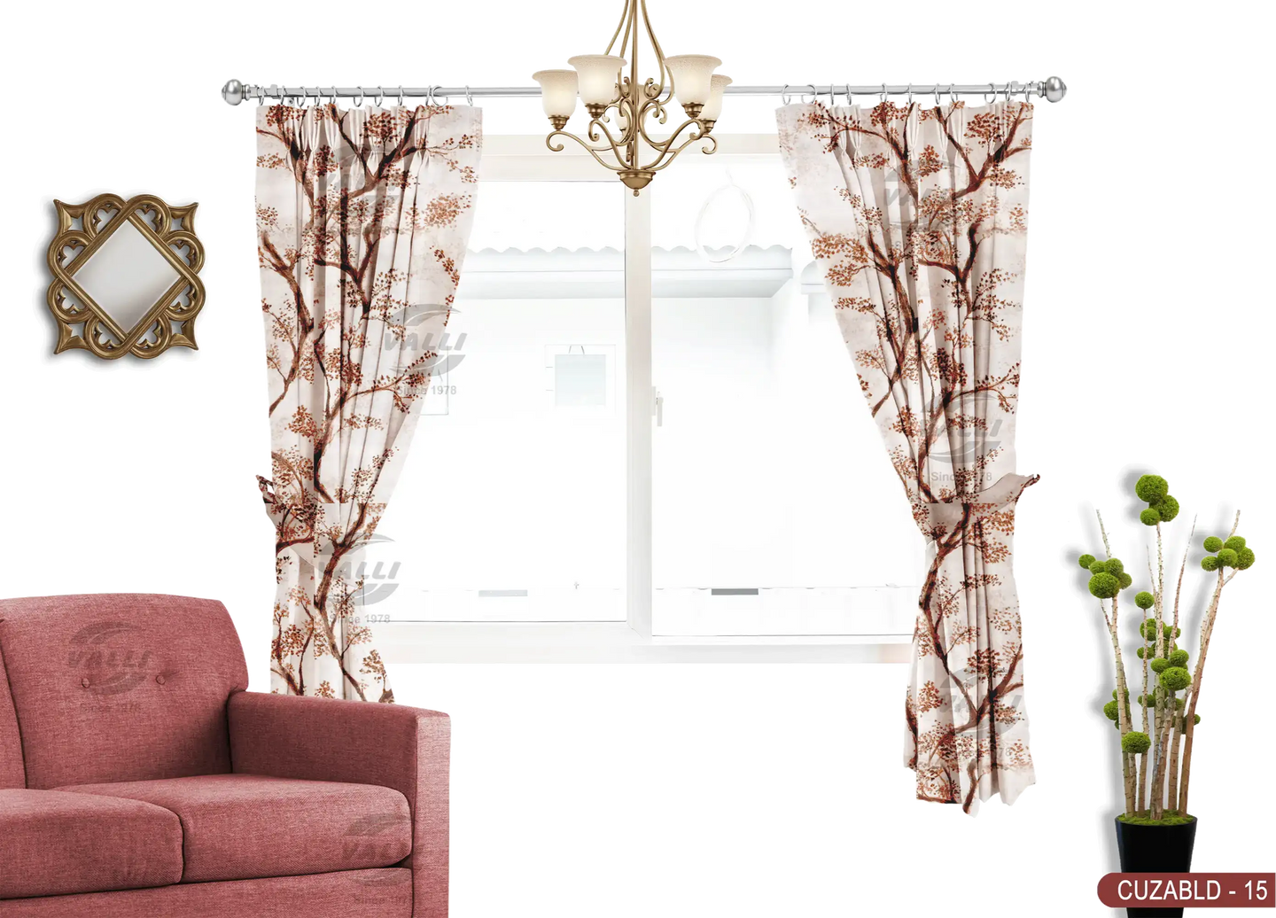 Self Design Tree Velvet Type Curtain - Brown