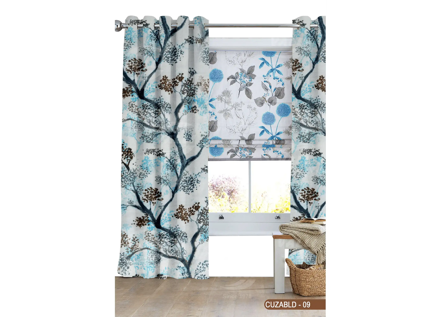 Self Design Tree Velvet Type Curtain - Blue