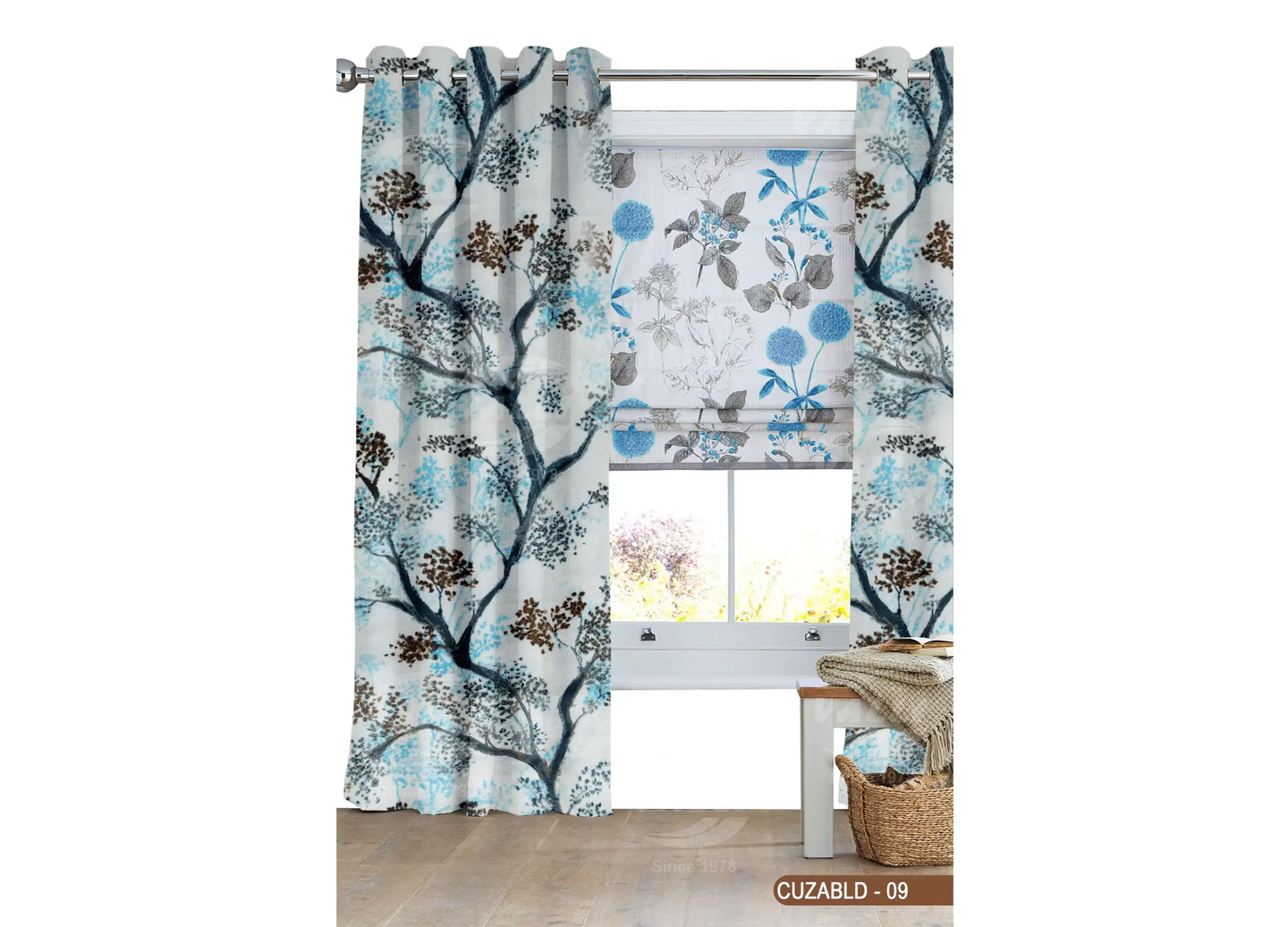 Self Design Tree Velvet Type Curtain - Blue