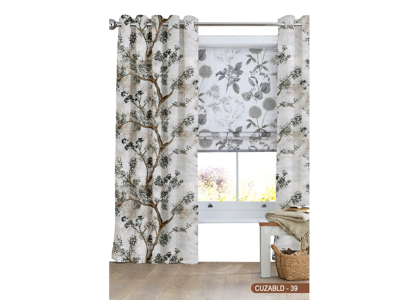 Self Design Tree Velvet Type Curtain - Grey