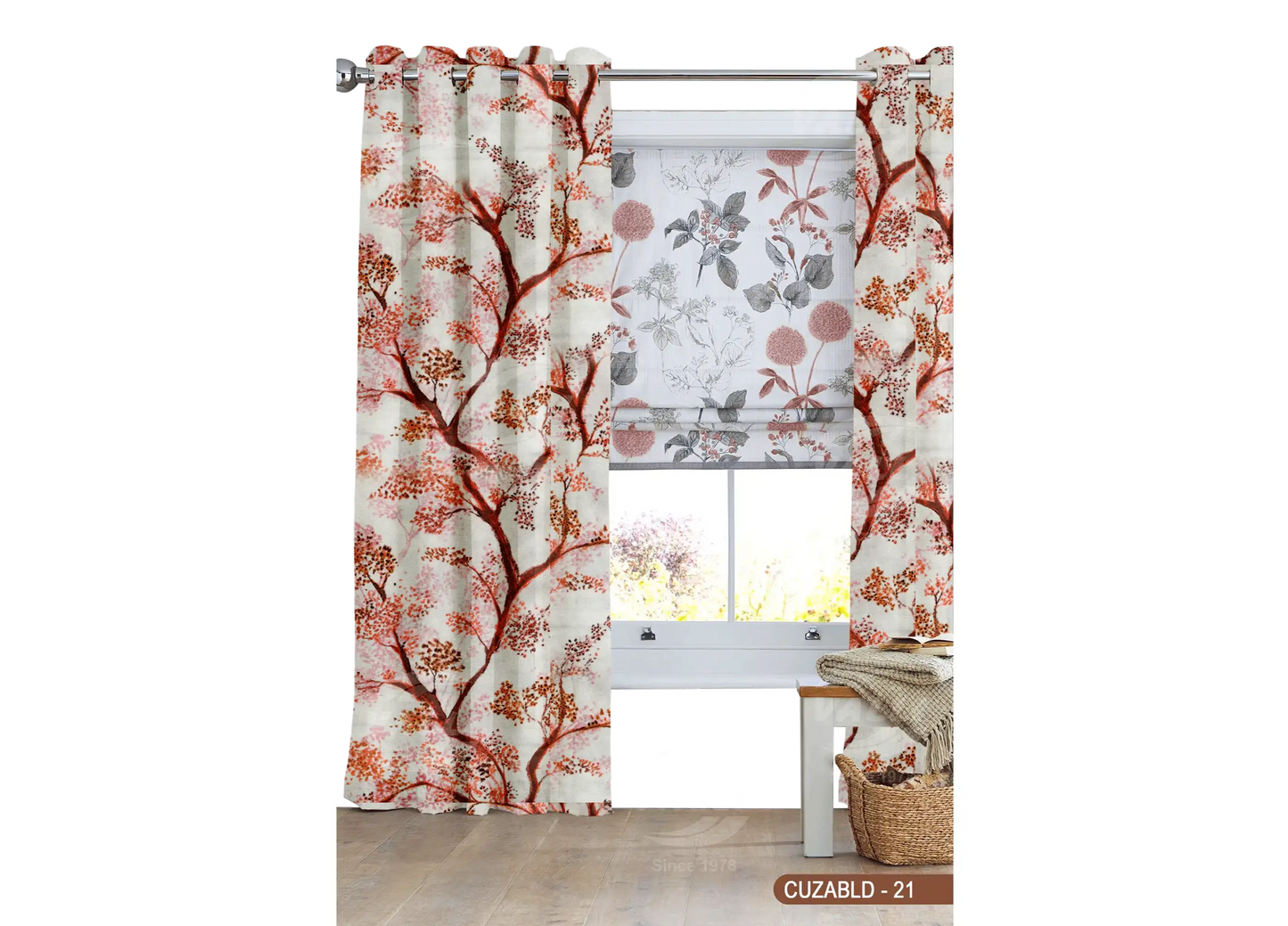 Self Design Tree Velvet Type Curtain - Orange