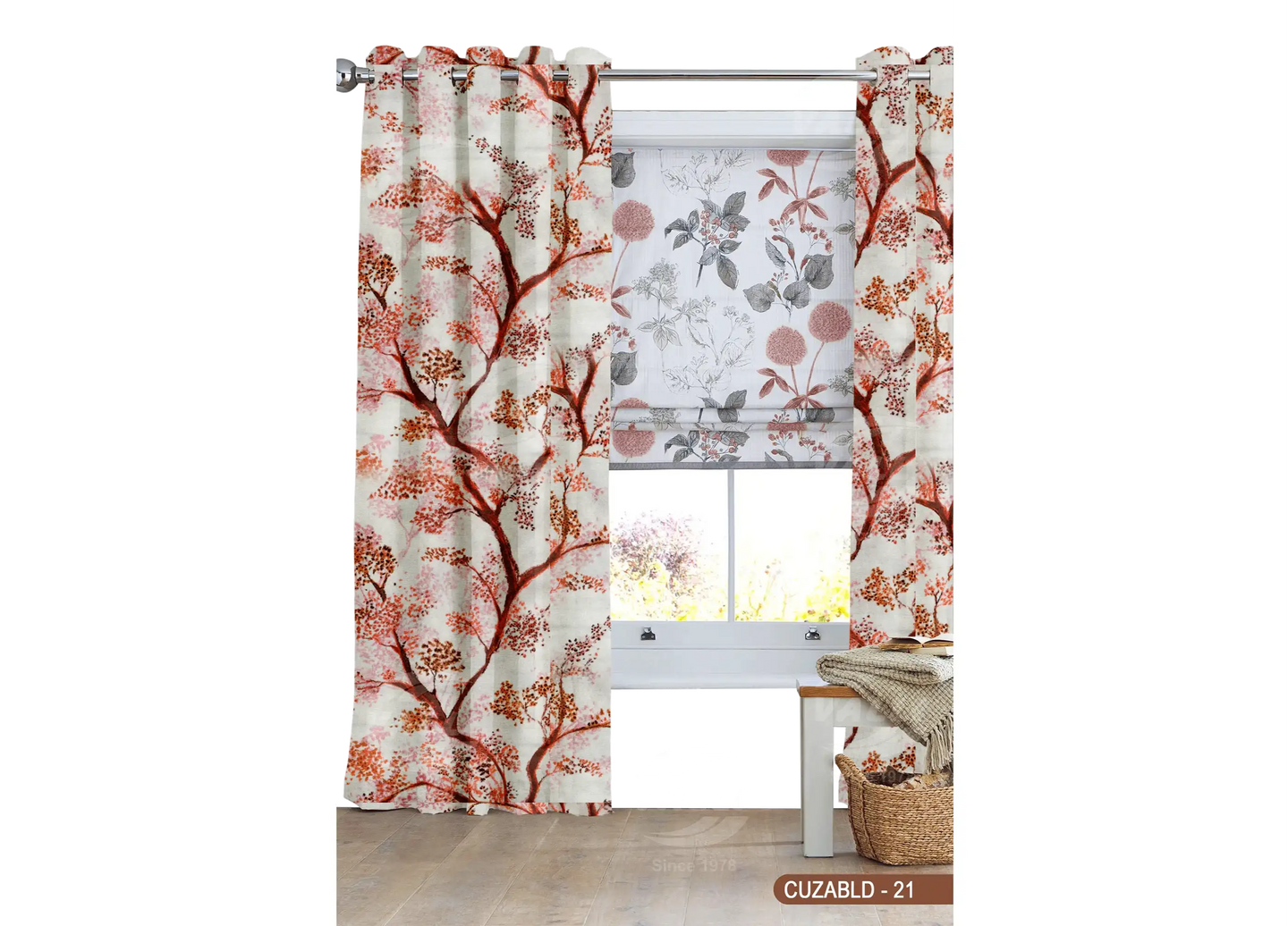 Self Design Tree Velvet Type Curtain - Orange