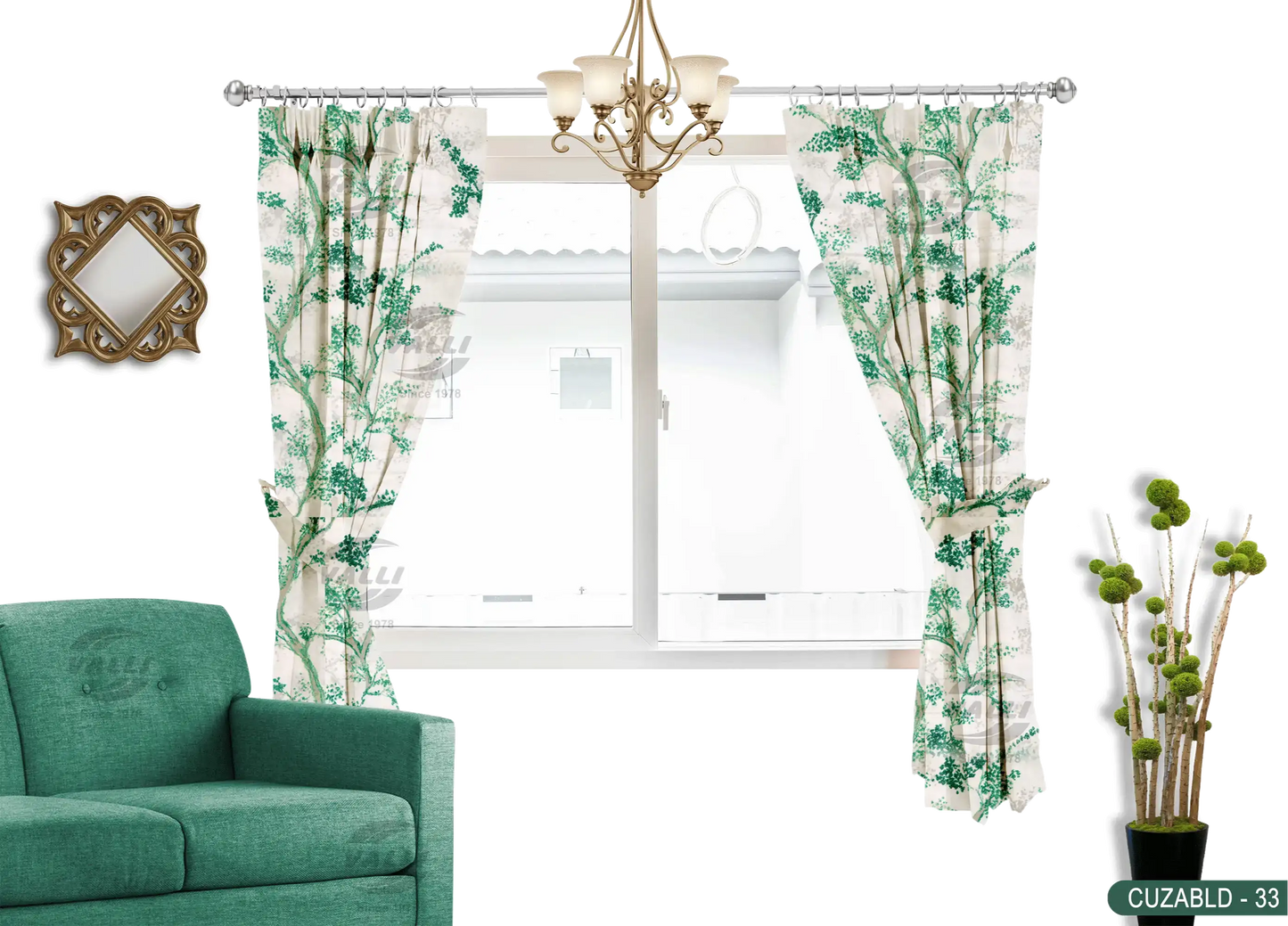 Self Design Tree Velvet Type Curtain - Green