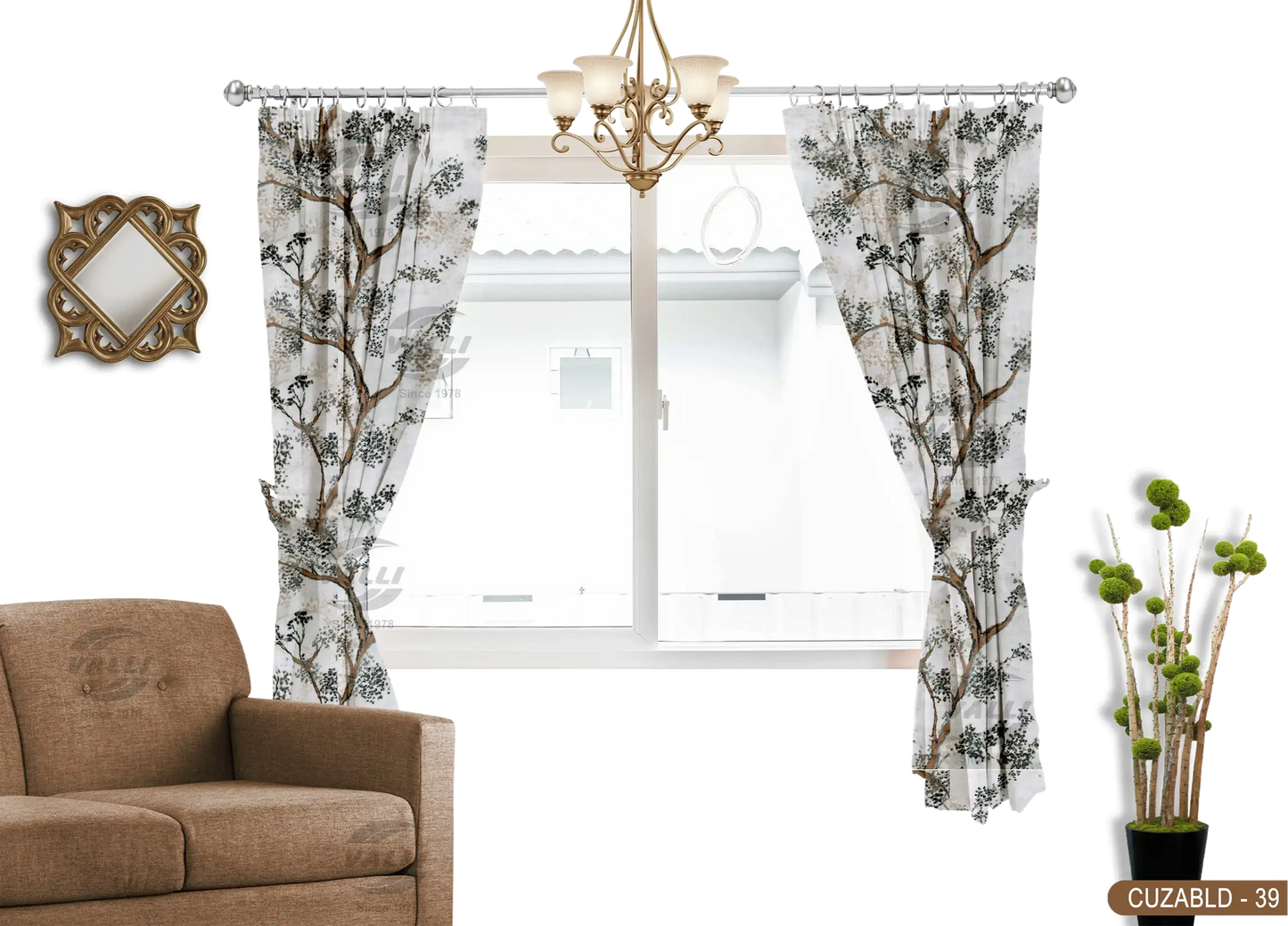 Self Design Tree Velvet Type Curtain - Grey