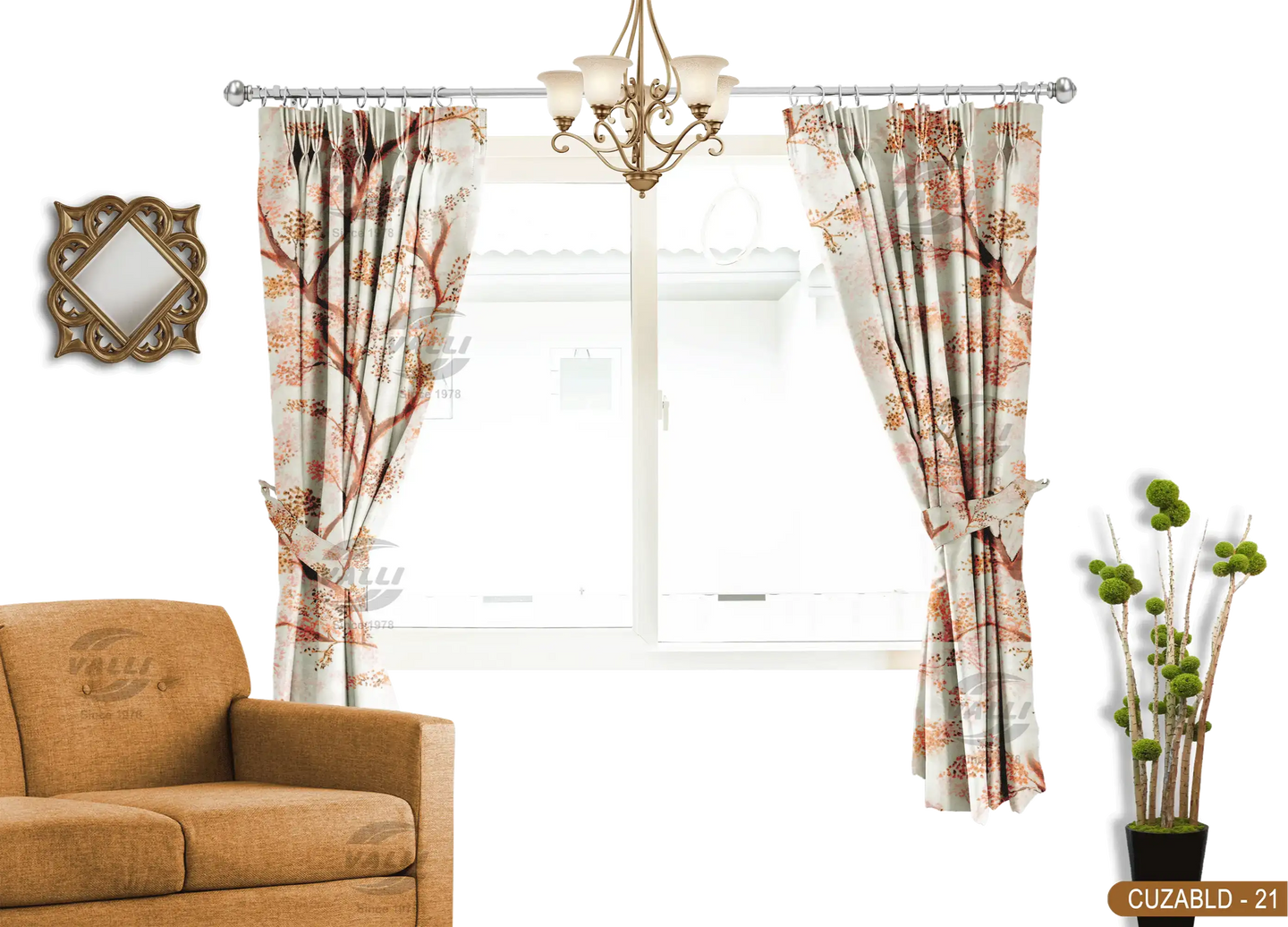 Self Design Tree Velvet Type Curtain - Orange