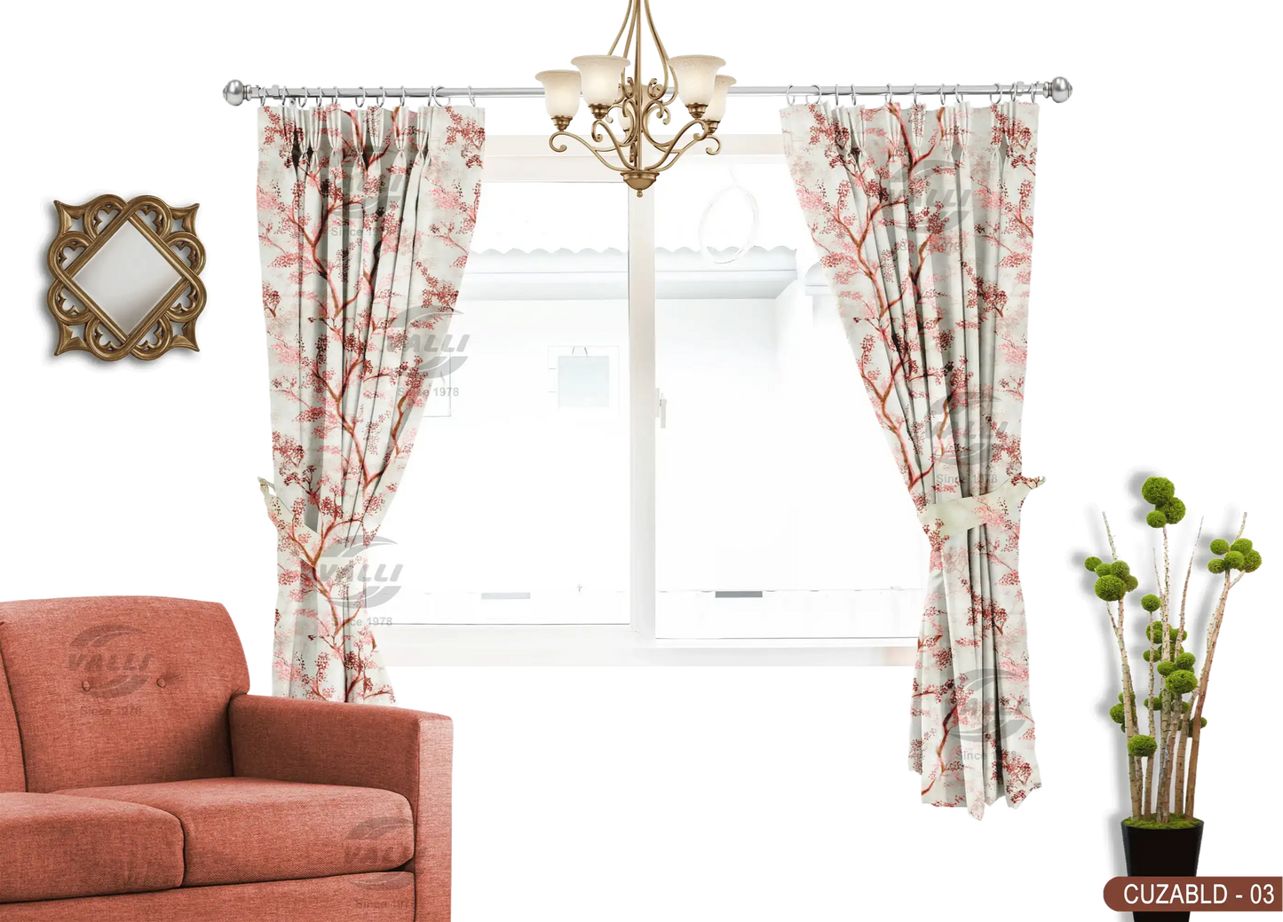 Self Design Tree Velvet Type Curtain - Pink