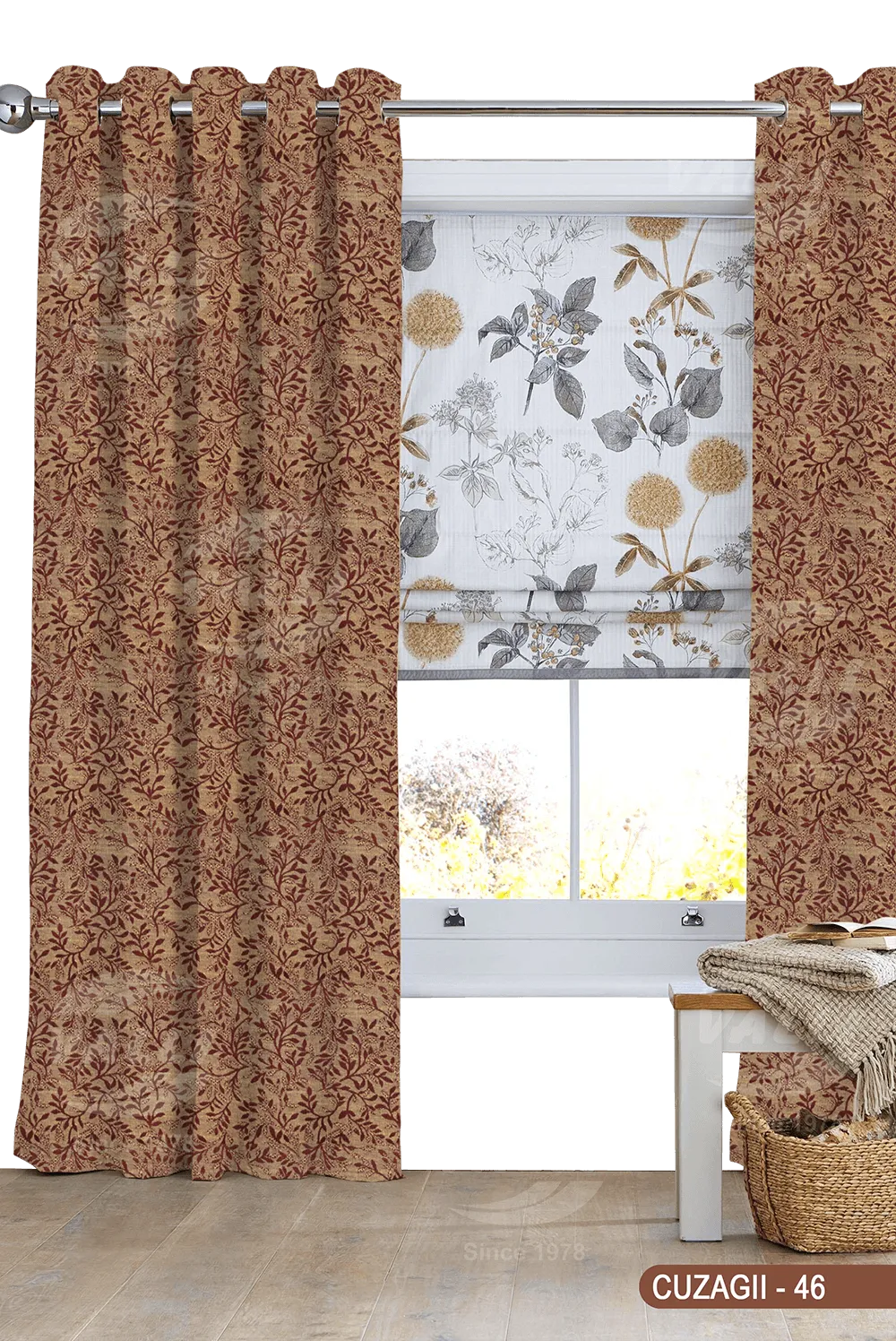 Small Leaf Design Curtain - Maroon